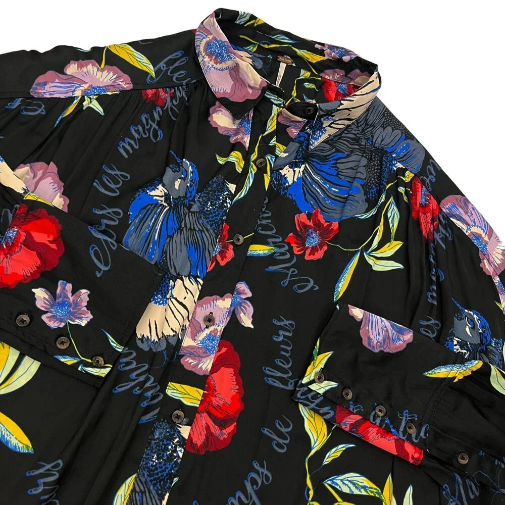 Free People Oversized Womens Bird Floral LS Button Blouse Black Top M